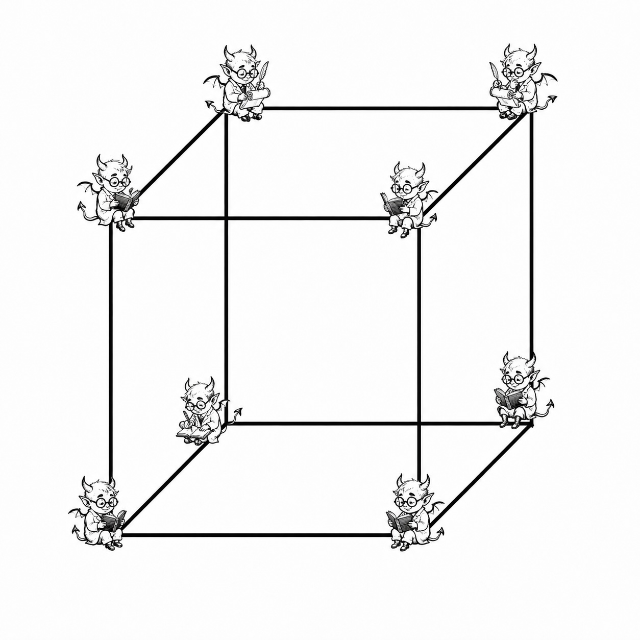 A Necker cube with small demon figures sitting at the vertices.