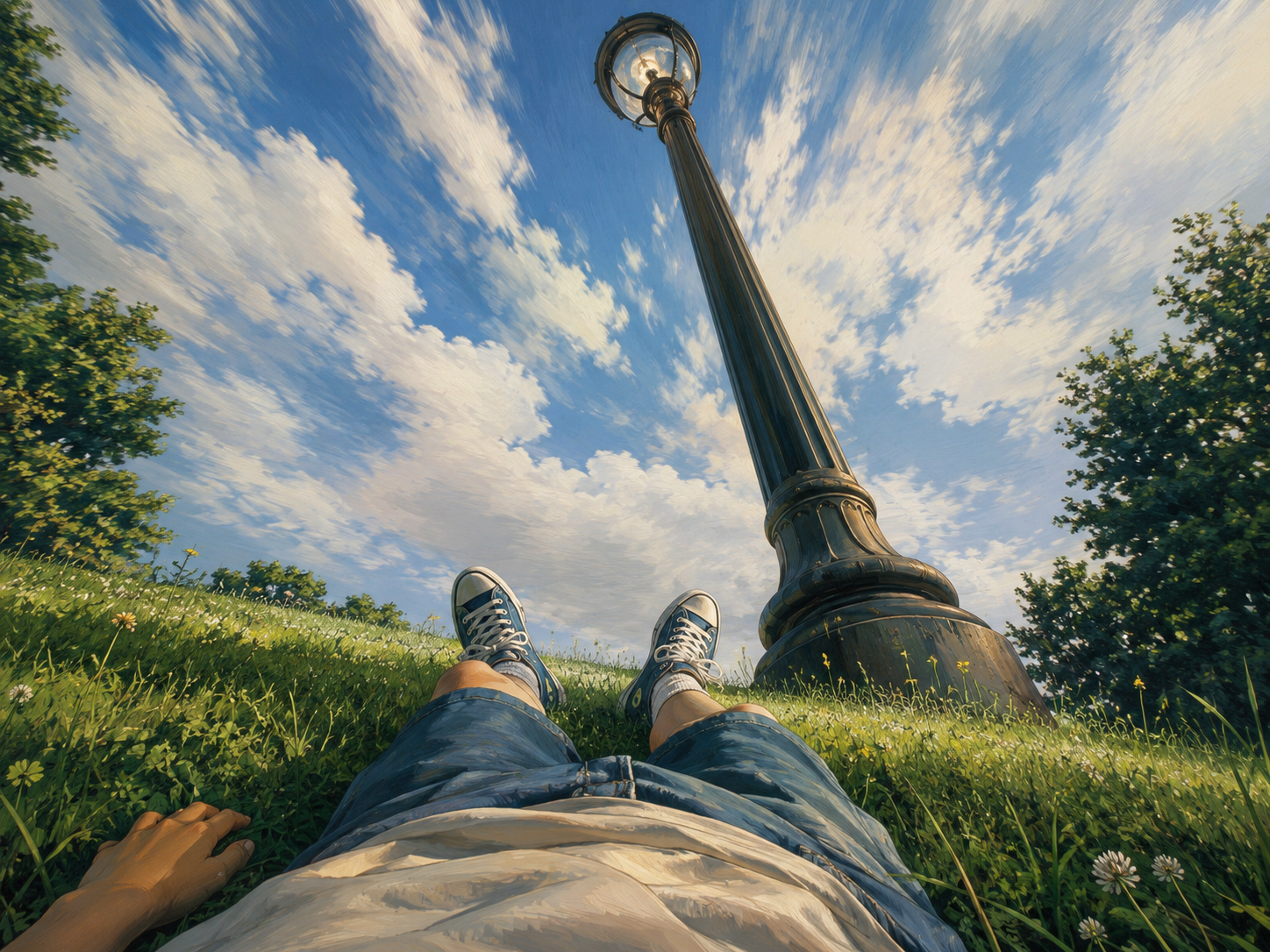 First-person image of lying in the grass and looking up at a lamppost against moving clouds.