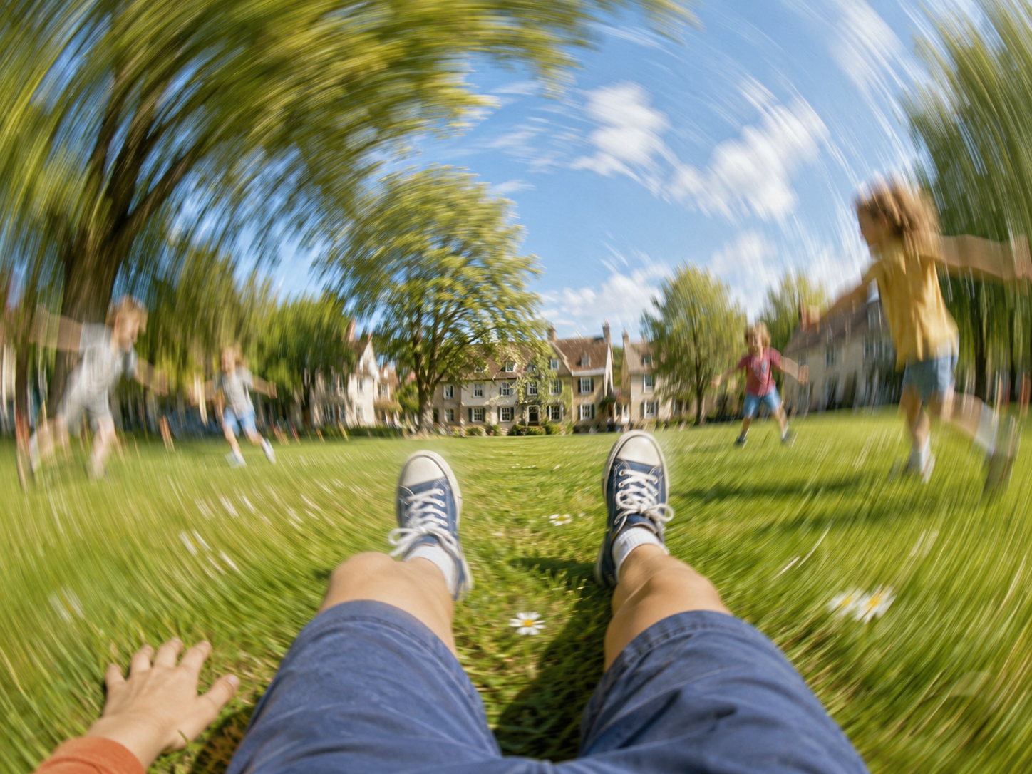 First-person image of spinning dizziness on a village green.